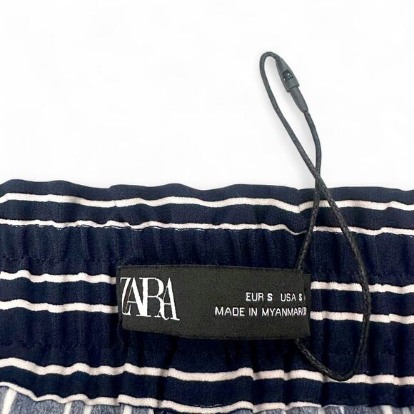 Zara Women's Striped Drawstring Pants Size S Navy White Elastic Waist Trouser - Picture 7 of 10